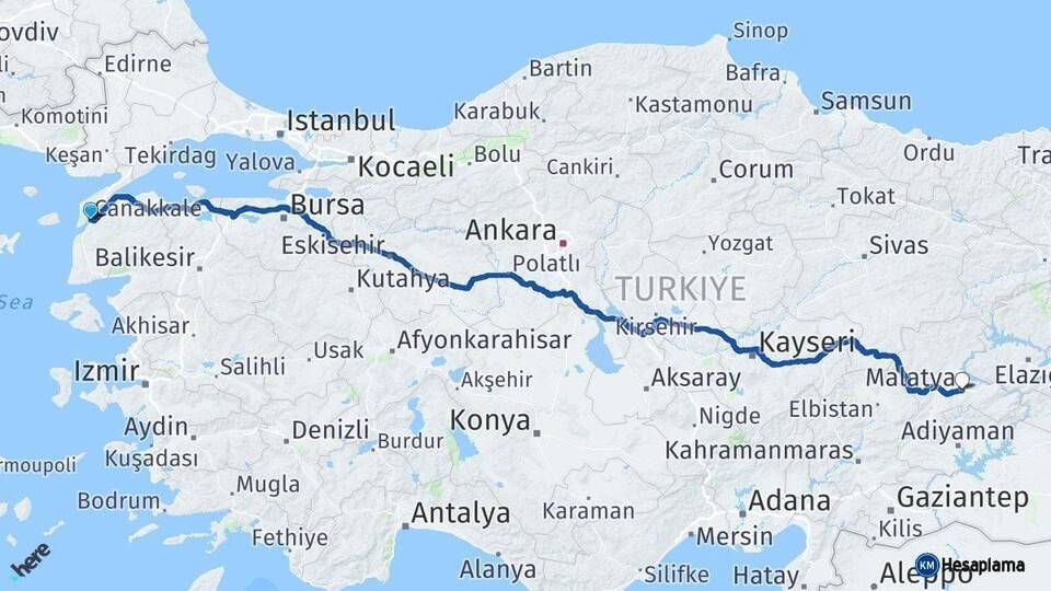 Çanakkale Malatya Arası Kaç Km - Yol Haritası
