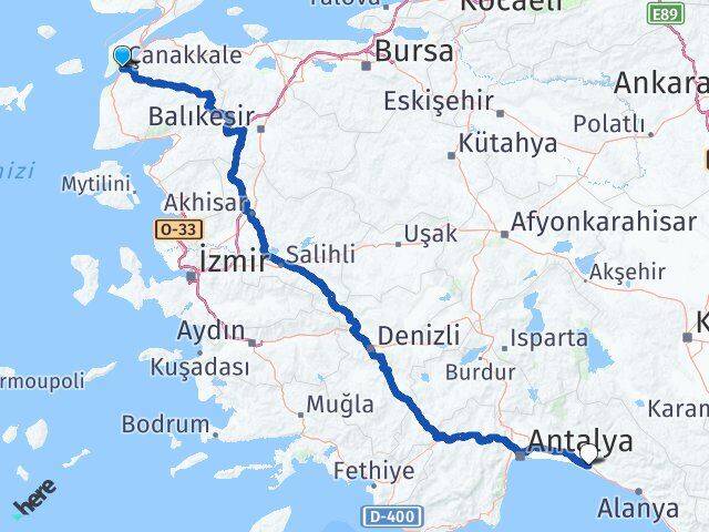 Çanakkale Manavgat Antalya Arası Kaç Km - Yol Haritası