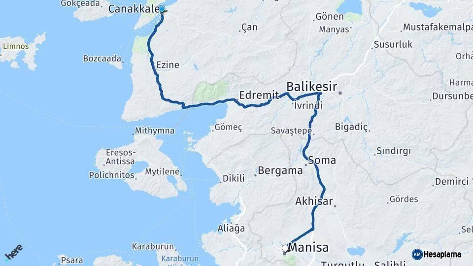 Çanakkale Manisa Arası Kaç Km - Yol Haritası