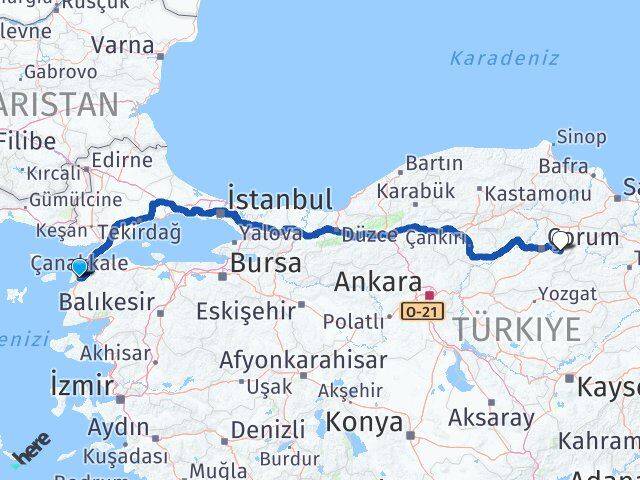 Çanakkale Mecitözü Çorum Arası Kaç Km - Yol Haritası
