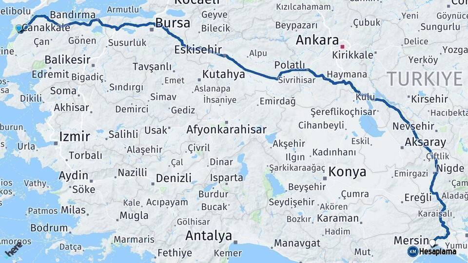 Çanakkale Mersin Arası Kaç Km - Yol Haritası