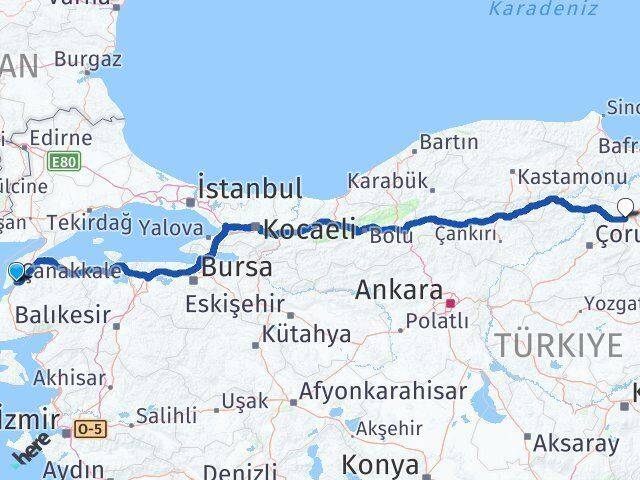Çanakkale Merzifon Amasya Arası Kaç Km - Yol Haritası