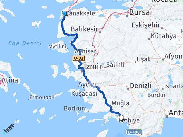 Çanakkale Muğla Dalaman Havalimanı Arası Kaç Km - Yol Haritası