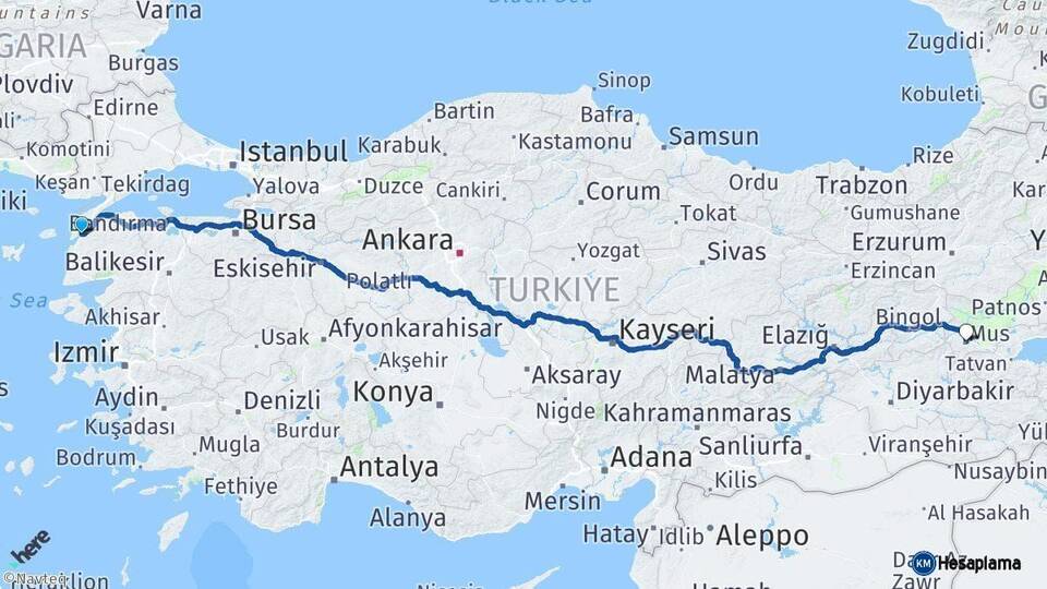Çanakkale Muş Arası Kaç Km - Yol Haritası