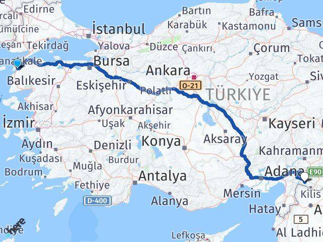 Çanakkale Musabeyli Kilis Arası Kaç Km - Yol Haritası