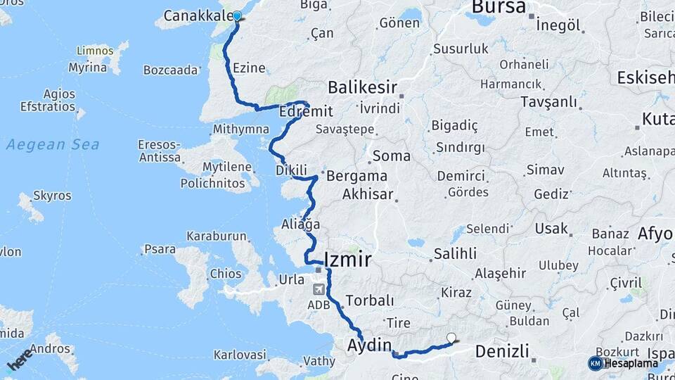 Çanakkale Nazilli Aydın Arası Kaç Km - Yol Haritası
