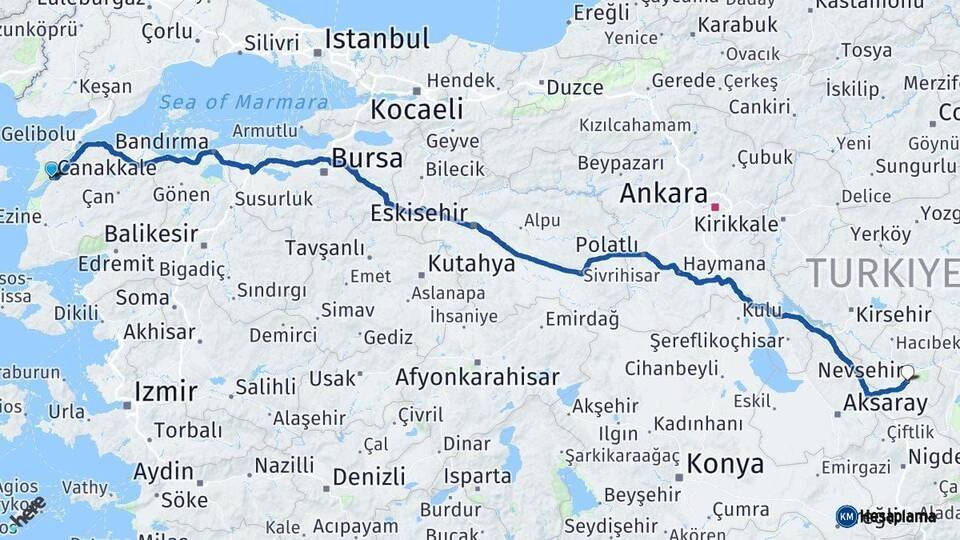 Çanakkale Nevşehir Arası Kaç Km - Yol Haritası