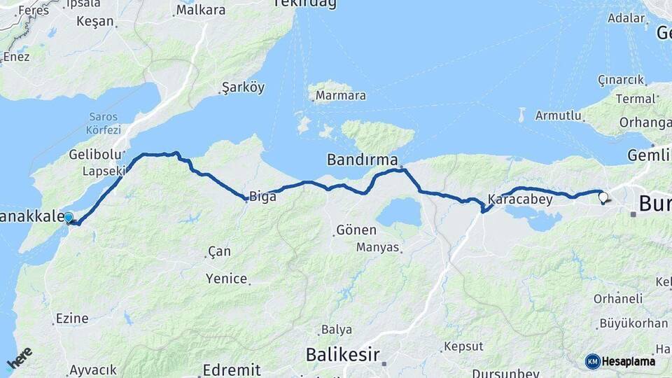 Çanakkale Nilüfer Bursa Arası Kaç Km - Yol Haritası