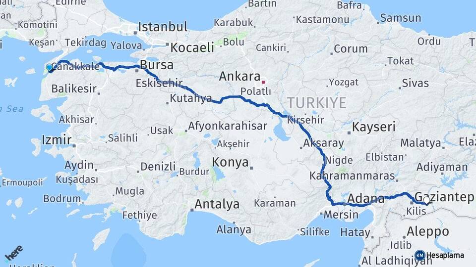 Çanakkale Nizip Gaziantep Arası Kaç Km - Yol Haritası