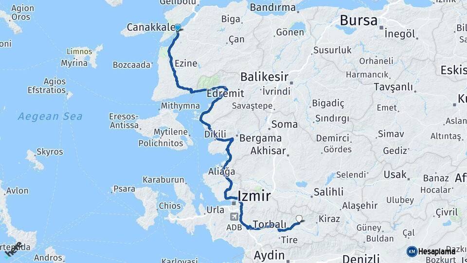 Çanakkale Ödemiş İzmir Arası Kaç Km - Yol Haritası