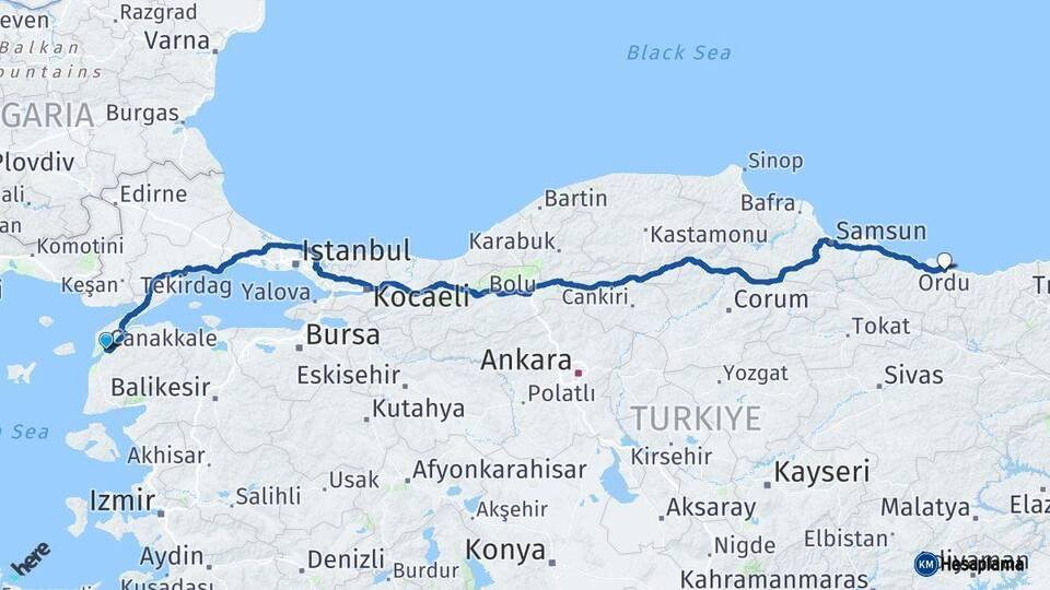 Çanakkale Ordu Arası Kaç Km - Yol Haritası