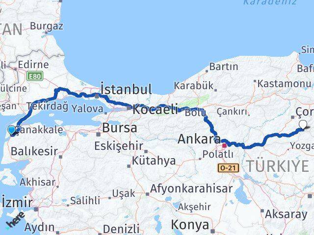 Çanakkale Ortaköy Çorum Arası Kaç Km - Yol Haritası
