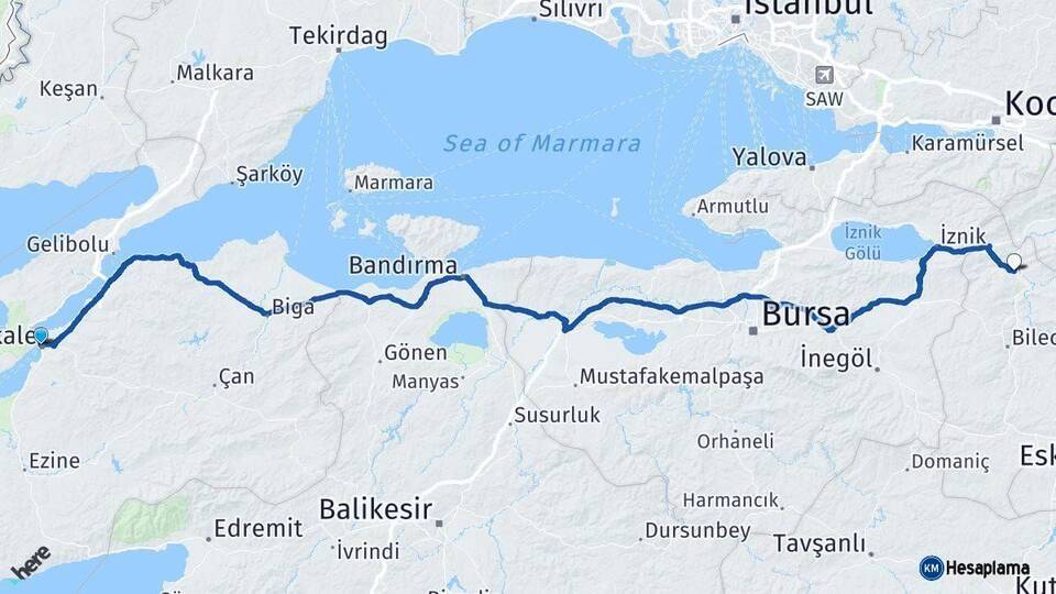 Çanakkale Osmaneli Bilecik Arası Kaç Km - Yol Haritası