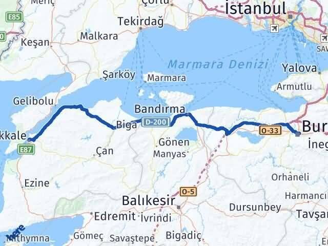 Çanakkale Osmangazi Bursa Arası Kaç Km - Yol Haritası