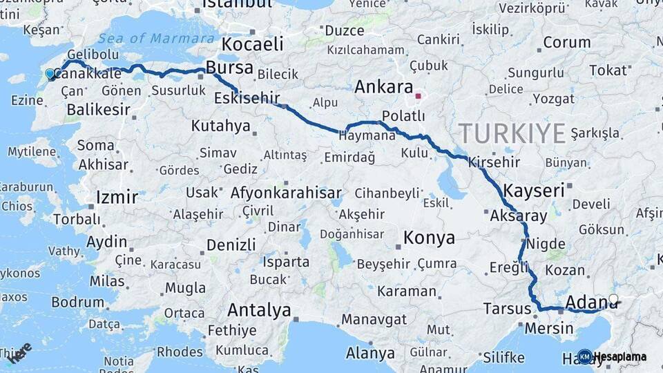 Çanakkale Osmaniye Arası Kaç Km - Yol Haritası
