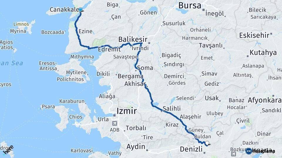 Çanakkale Pamukkale Denizli Arası Kaç Km - Yol Haritası