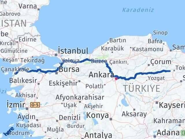 Çanakkale Pazar Tokat Arası Kaç Km - Yol Haritası