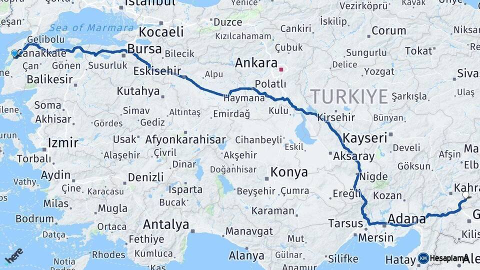 Çanakkale Pazarcık Kahramanmaraş Arası Kaç Km - Yol Haritası