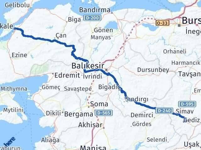 Çanakkale Pazarlar Kütahya Arası Kaç Km - Yol Haritası