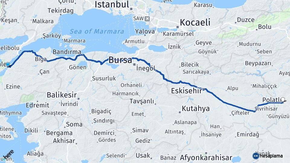 Çanakkale Polatlı Ankara Arası Kaç Km - Yol Haritası