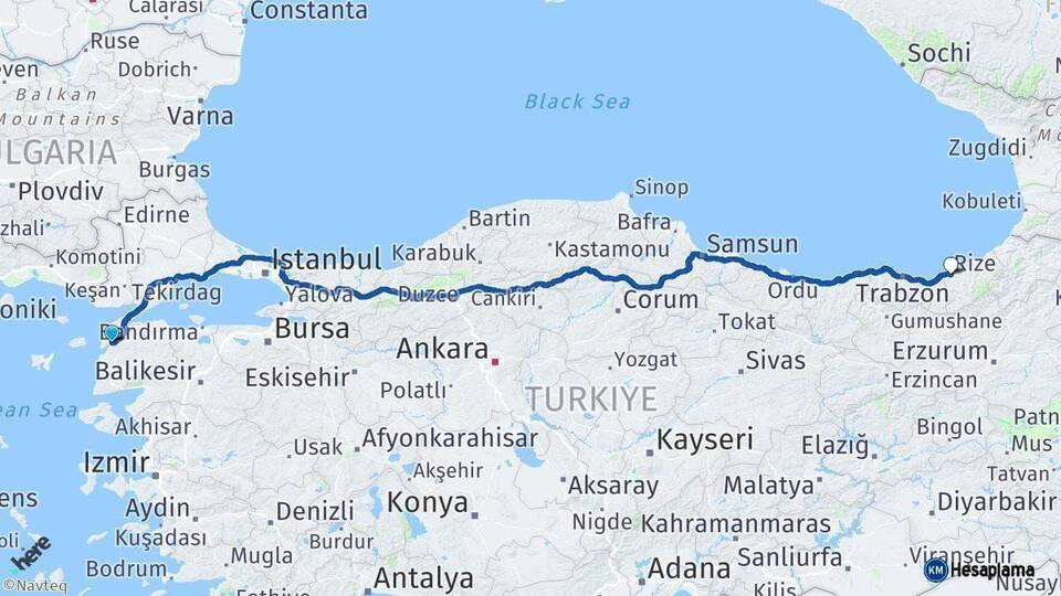 Çanakkale Rize Arası Kaç Km - Yol Haritası