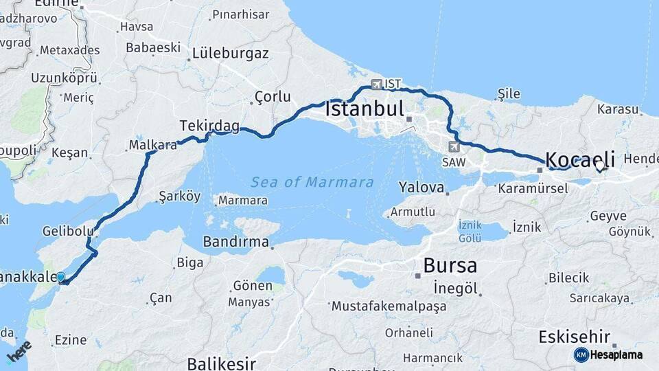 Çanakkale Sakarya Arası Kaç Km - Yol Haritası