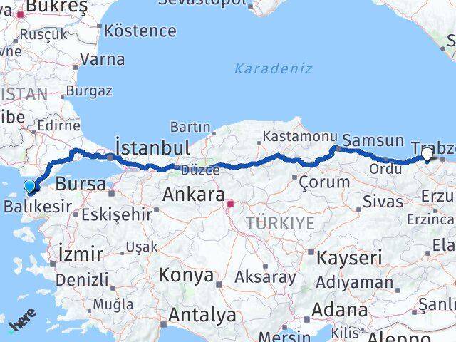 Çanakkale Şalpazarı Trabzon Arası Kaç Km - Yol Haritası