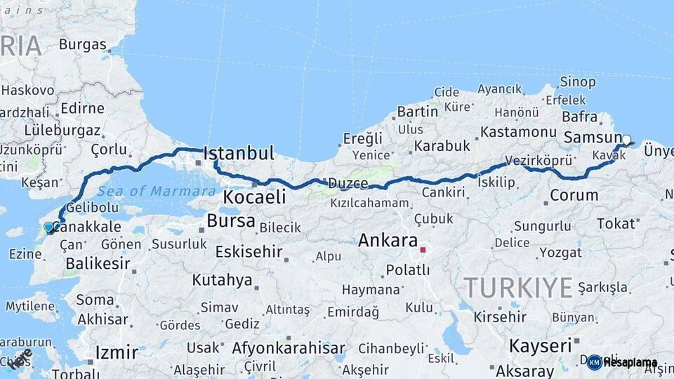 Çanakkale Samsun Arası Kaç Km - Yol Haritası