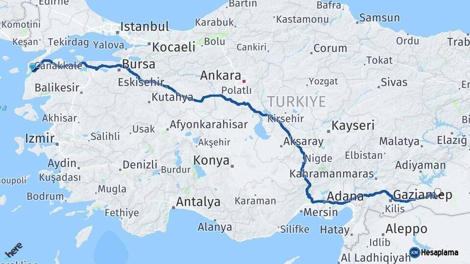 Çanakkale Şanlıurfa Arası Kaç Km - Yol Haritası