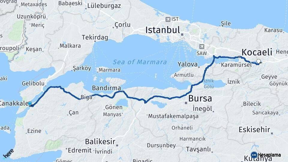 Çanakkale Sapanca Sakarya Arası Kaç Km - Yol Haritası