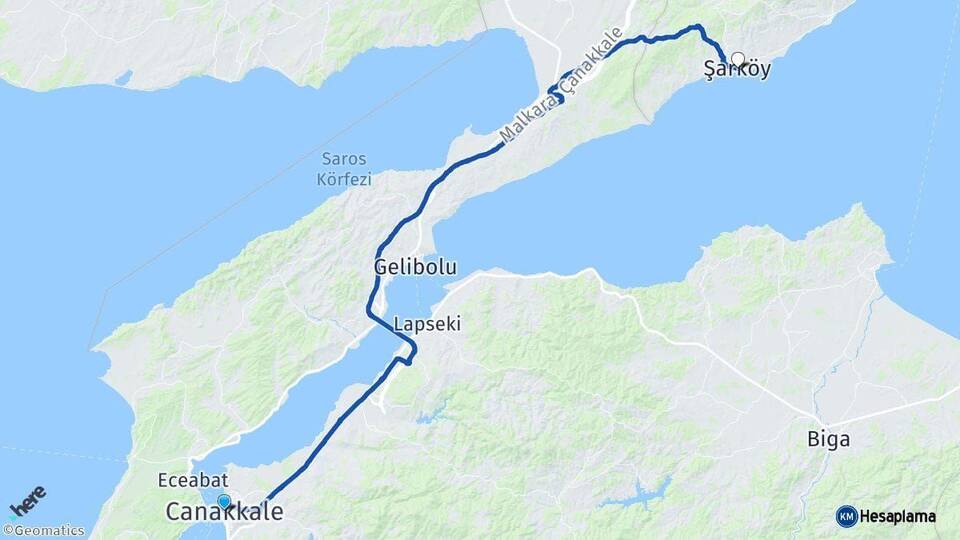 Çanakkale Şarköy Tekirdağ Arası Kaç Km - Yol Haritası