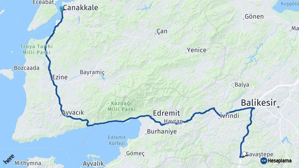 Çanakkale Savaştepe Balıkesir Arası Kaç Km - Yol Haritası