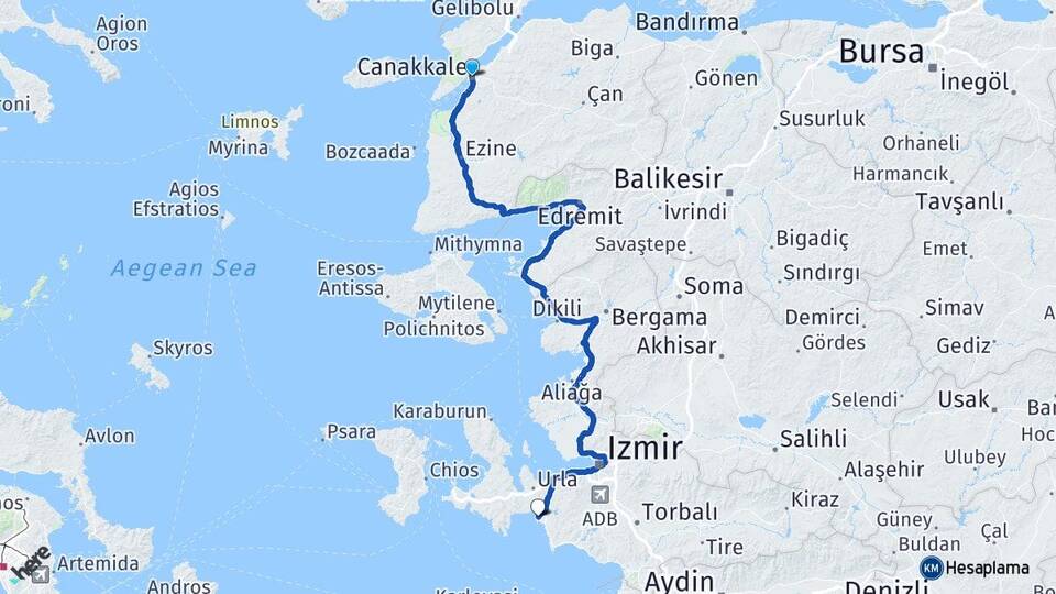 Çanakkale Sığacık Seferihisar İzmir Arası Kaç Km - Yol Haritası