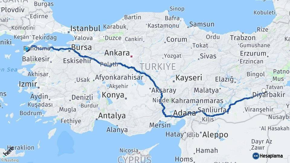 Çanakkale Silvan Diyarbakır Arası Kaç Km - Yol Haritası