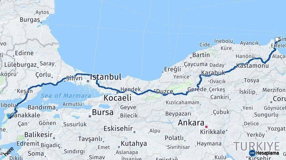 Çanakkale Sinop Arası Kaç Km - Yol Haritası