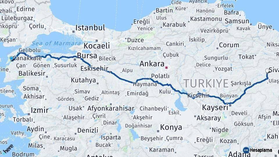 Çanakkale Sivas Arası Kaç Km - Yol Haritası