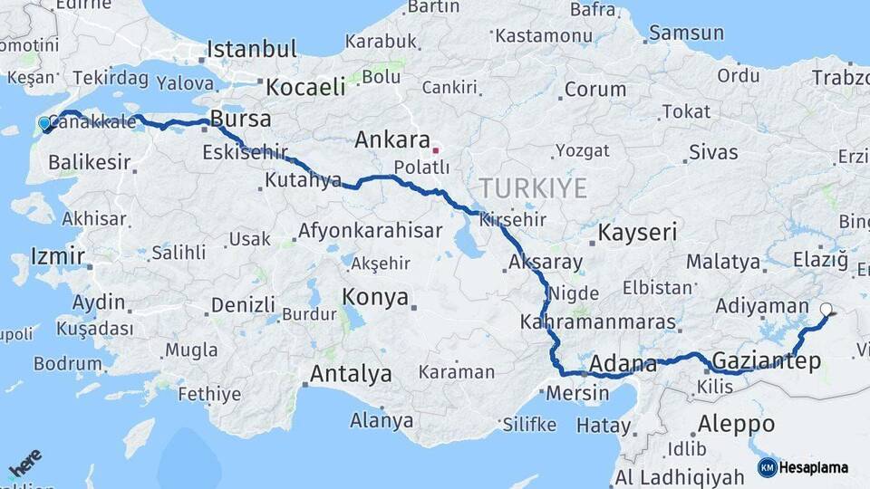 Çanakkale Siverek Şanlıurfa Arası Kaç Km - Yol Haritası