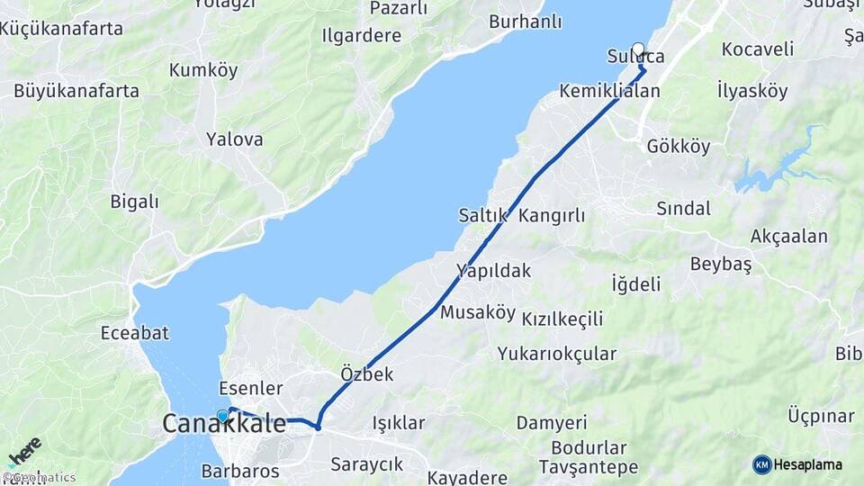 Çanakkale Suluca Lapseki Arası Kaç Km - Yol Haritası