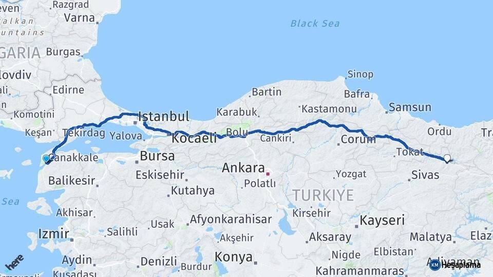 Çanakkale Suşehri Sivas Arası Kaç Km - Yol Haritası