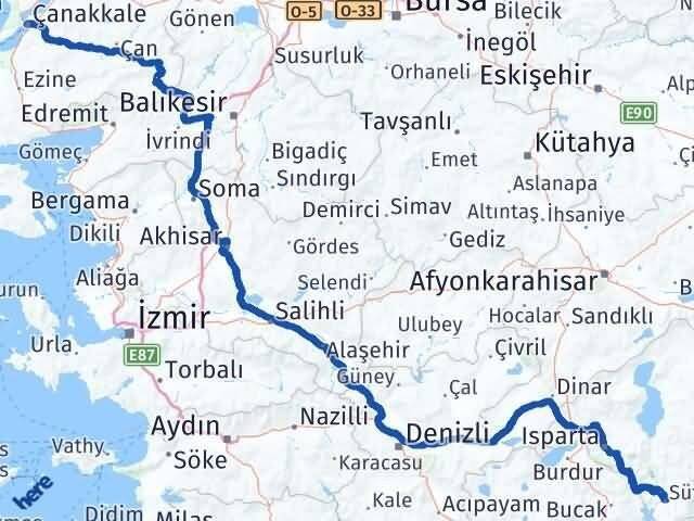Çanakkale Sütçüler Isparta Arası Kaç Km - Yol Haritası