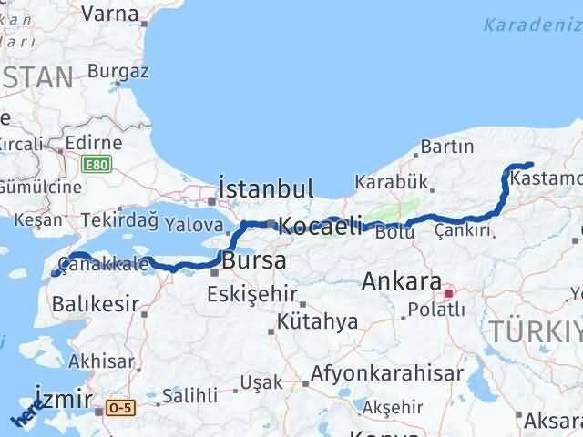 Çanakkale Taşköprü Kastamonu Arası Kaç Km - Yol Haritası