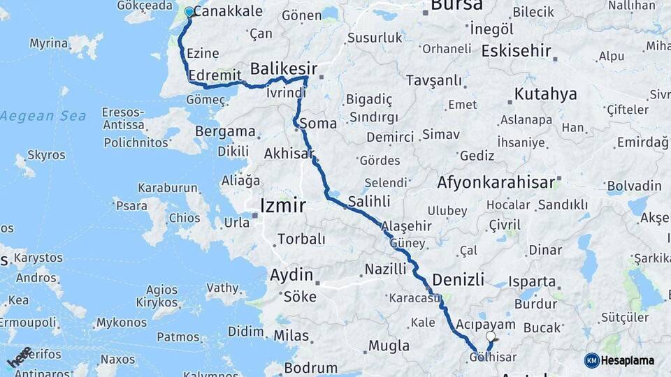 Çanakkale Tefenni Burdur Arası Kaç Km - Yol Haritası