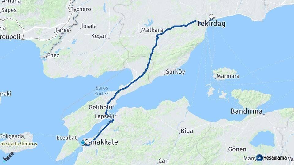 Çanakkale Tekirdağ Arası Kaç Km - Yol Haritası