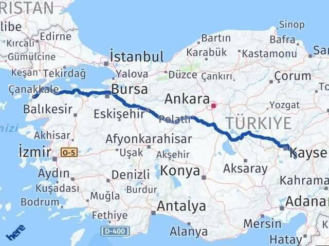 Çanakkale Tomarza Kayseri Arası Kaç Km - Yol Haritası