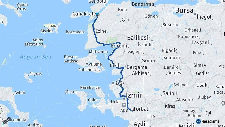 Çanakkale Torbalı İzmir Arası Kaç Km - Yol Haritası