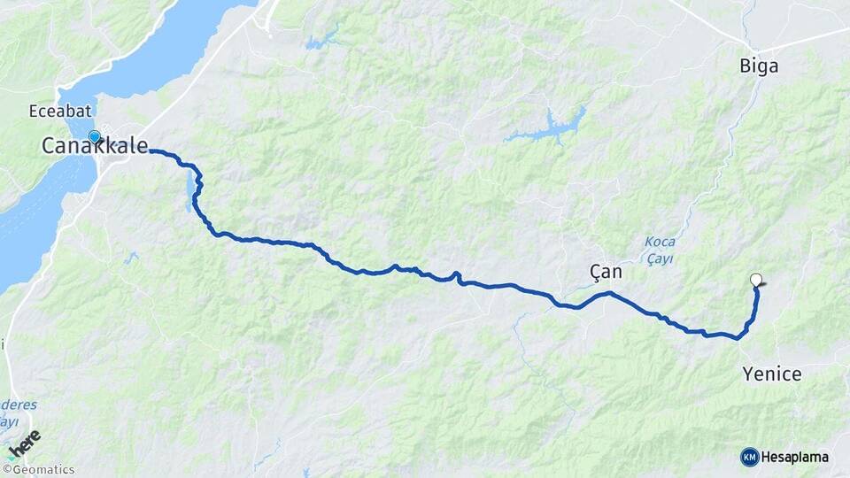 Çanakkale Torhasan Yenice Arası Kaç Km - Yol Haritası