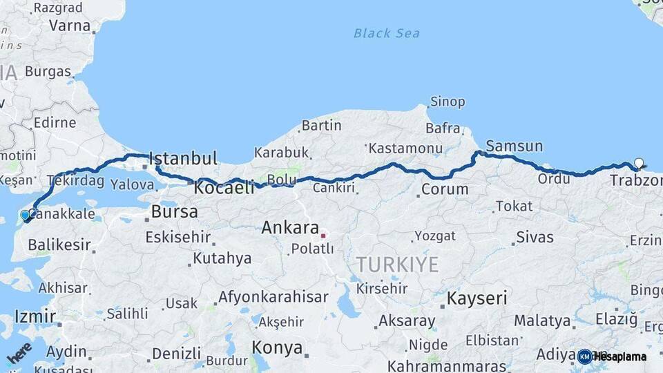 Çanakkale Trabzon Arası Kaç Km - Yol Haritası