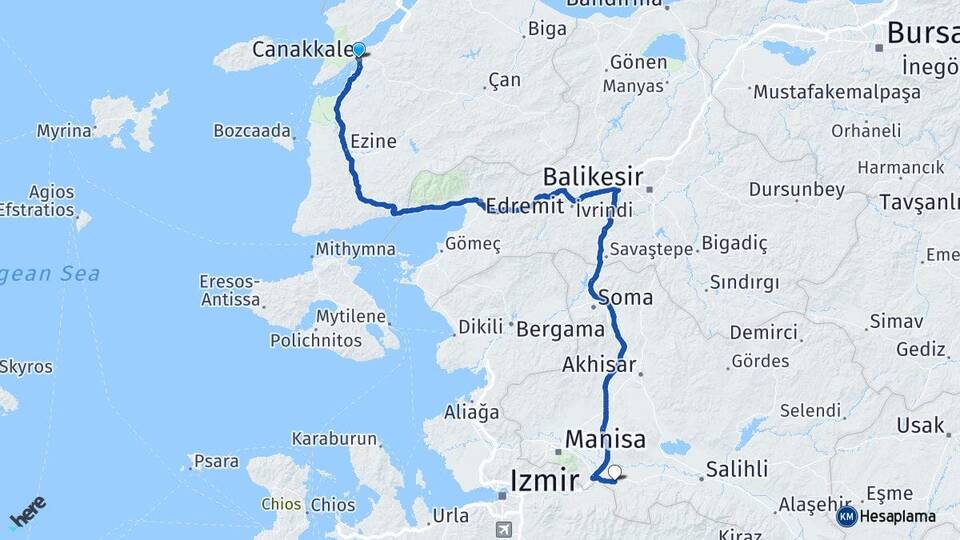 Çanakkale Turgutlu Manisa Arası Kaç Km - Yol Haritası