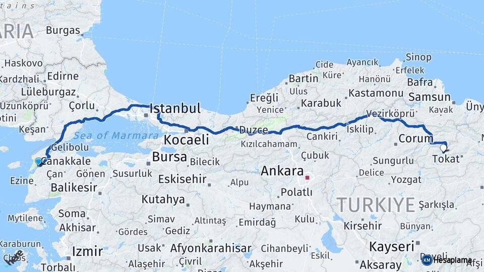 Çanakkale Turhal Tokat Arası Kaç Km - Yol Haritası
