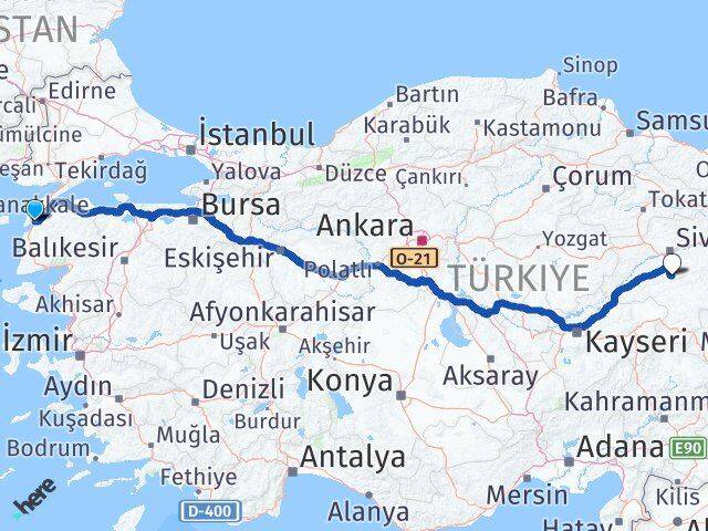 Çanakkale Ulaş Sivas Arası Kaç Km - Yol Haritası